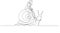 Cartoon of businesswoman riding snail concept of slow business development. Single continuous line art