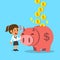 Cartoon businesswoman saving money with pink piggy