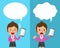 Cartoon businesswoman with smartphone expressing different emotions with speech bubbles