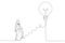 Cartoon of businesswoman start walking on electricity line as stairway to big idea lightbulb. Creativity for business. Single