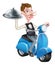 Cartoon Butler on Scooter Moped Delivering Food