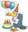 Cartoon buzzard with a birthday cake.