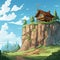 Cartoon Cabin On Cliff: A Rustic Charm In Zen-inspired Landscape