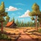 Cartoon Cabin In Desolate Forest Landscape With Blue Sky
