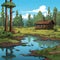 Cartoon Cabin In The Forest: A Serene Wilderness Retreat