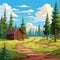Cartoon Cabin In Forest: Vibrant Illustration Of Wilderness