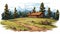 Cartoon Cabin On Hill: Rustic Scene In Western Natural Setting