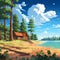 Cartoon Cabin By The Lake: Highly Detailed Illustration With Beach Scene