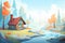 a cartoon cabin with smoke by a frosted creek side