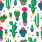 Cartoon cactus seamless pattern with cute colorful cacti.