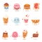 Cartoon cake character vector chocolate sweets confectionery cupcake emotion and sweet confection dessert with caked