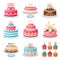 Cartoon cakes. Colorful delicious desserts, birthday cake with celebration candles and chocolate slices, holiday