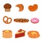 Cartoon cakes. Wheat products set. Sweet pretzel and croissant, donut and cupcake, waffles and piece of pie. Dessert
