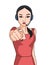 Cartoon callcenter woman characters pointing to you