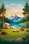 Cartoon camping. Summer nature scene with tent and bonfire