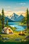 Cartoon camping. Summer nature scene with tent and bonfire