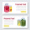 Cartoon canned, preserved and jar food banner horizontal set vector illustration. Conserved and preserved food concept