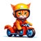 Cartoon caper: whimsical kitten on anime style motorcycle on white background