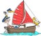 Cartoon captain sailing with his cat and seagull vector illustration