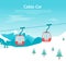 Cartoon Car Cabins Cableway in Mountains Card Poster. Vector