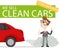 Cartoon car salesman giving thumbs up standing in exhaust gases with `We sell clean cars zero-emission` banner