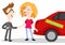 Cartoon car salesman selling zero-emission car to female customer while crossing fingers