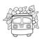 Cartoon car. Travel car with flowers, leaves and mushrooms. House on wheels. Travel, vacation. Coloring book. Handsomely