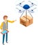 Cartoon cardboard box package delivering by copter. Drone with cargo pack, delivery service mascot
