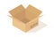 Cartoon cardboard open box with fragile sign. Opened beige square empty parcel angle view, packaging cargo storage