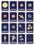 Cartoon cards characters of planets of solar system, rocket, astronaut, ufo, constellation, comet, asteroids. Childish vector