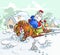 Cartoon Caricature Santa Claus with skis riding a horse making their way through snowdrifts