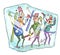 Cartoon Caricature three athletes skiers inside a piece of ice. Skiers in the ice