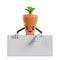 cartoon carrot character standing behind white banner and showing pose with left hand