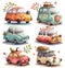 Cartoon cars collection, vintage vehicle, watercolor painting, isolated on white. Fantasy whimsical cars