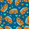 Cartoon cars seamless pattern on blue background.