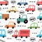 Cartoon cars seamless pattern with truck, police and fire engine. Baby toy transport on road wallpaper for nursery. Car traffic