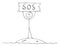 Cartoon of Castaway Man on Small Island Holding SOS Sign