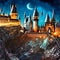 Cartoon castle on a hill in rainy weather. Landscape of a fairy kingdom in the moonlight at night. Medieval palace with