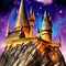 Cartoon castle on a hill in rainy weather. Landscape of a fairy kingdom in the moonlight at night. Medieval palace with