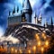 Cartoon castle on a hill in rainy weather. Landscape of a fairy kingdom in the moonlight at night. Medieval palace with