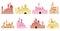 Cartoon castles exterior set. Doodle palace medieval, isolated flat castle towers and bastions. Princess fairy tale