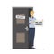 Cartoon casual businessman near door with plate- we are hiring