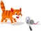 Cartoon Cat afraid of mouse with magnifying glass