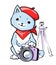 Cartoon cat with beret and bandana taking a photo shot with dslr camera. young artist kitten photographer, tripod, cute