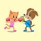 Cartoon cat and dog doing boxing training