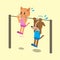 Cartoon cat and dog doing chin ups exercise together