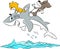 Cartoon cat and dog riding a shark enjoying summer vacation vector illustration