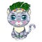 Cartoon cat dressed as a hula dancer under the ukulele, Hawaii. Summer, vacation. Cute child character, symbol of 2023