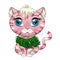 Cartoon cat dressed as a hula dancer under the ukulele, Hawaii. Summer, vacation. Cute child character, symbol of 2023