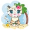 Cartoon cat dressed as a hula dancer under the ukulele, Hawaii. Summer, vacation. Cute child character, symbol of 2023